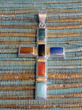 VINTAGE Multi Stone Cross Pendant .925 MEXICO STAMPED
